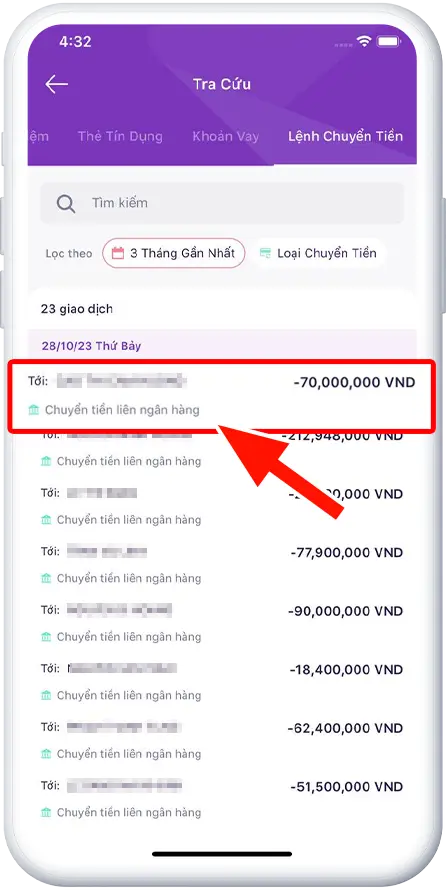 Bước 3 : Ấn vào giao dịch cần kiểm tra